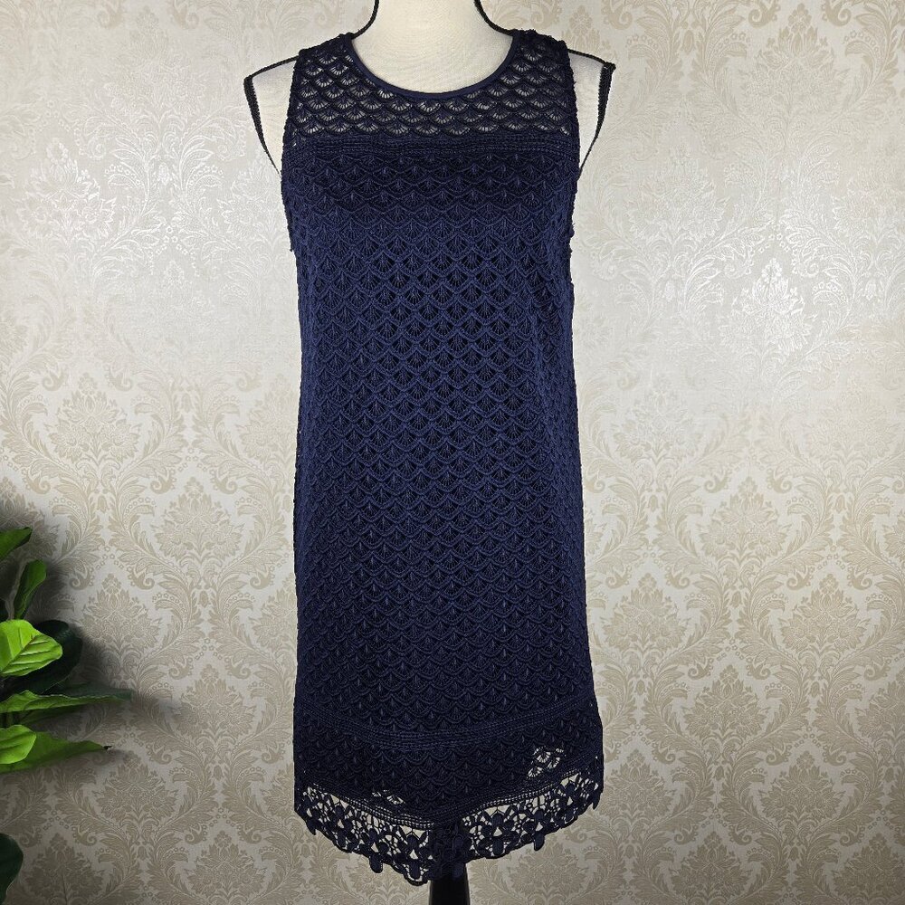 LOFT Size 4 Navy Blue Lace Pattern Overlay Shift Dress Sleeveless Hidden Zipper
